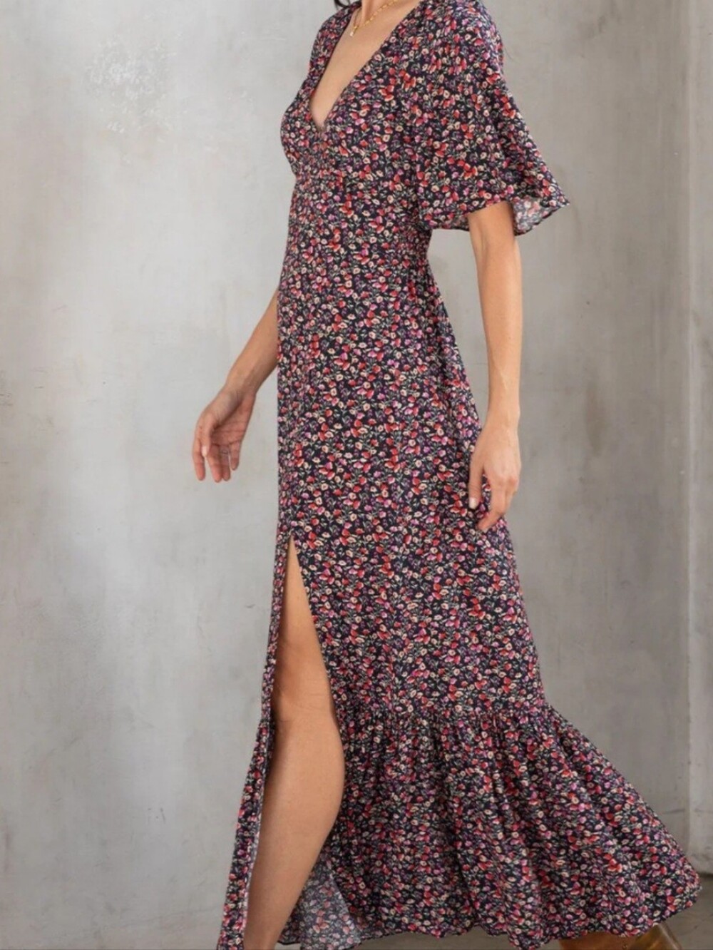 Love Stitch Black Floral V-Neck Maxi Dress with Pink and Red Blossoms - Picture 10 of 10